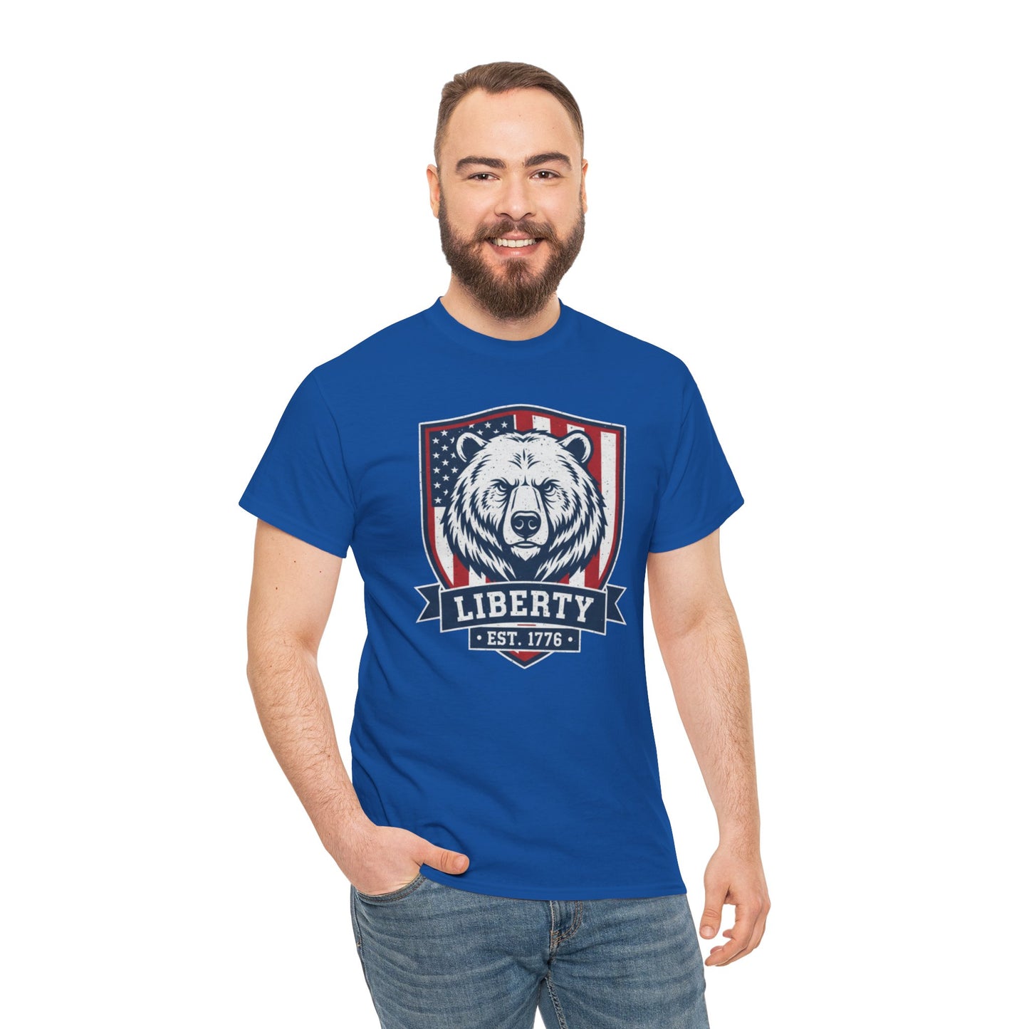 Patriotic Bear Shirt -  USA Flag Shield Tee - Liberty Est 1776 Top s- 4th of July Gift - American Animal Apparel