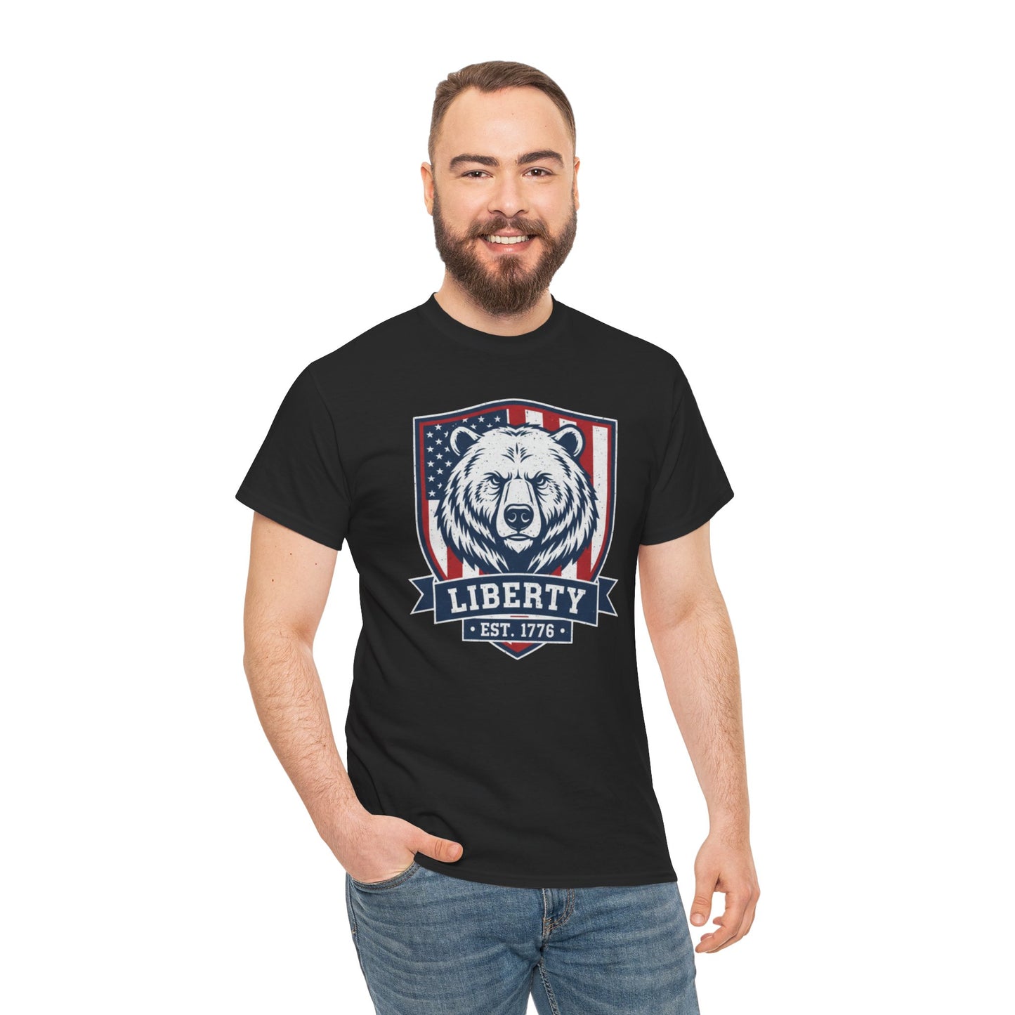 Patriotic Bear Shirt -  USA Flag Shield Tee - Liberty Est 1776 Top s- 4th of July Gift - American Animal Apparel
