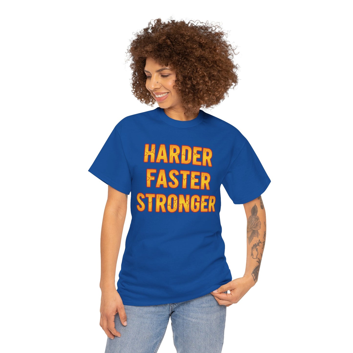 Harder Faster Stronger Tee | Motivational Workout Shirt, Bold Orange Text