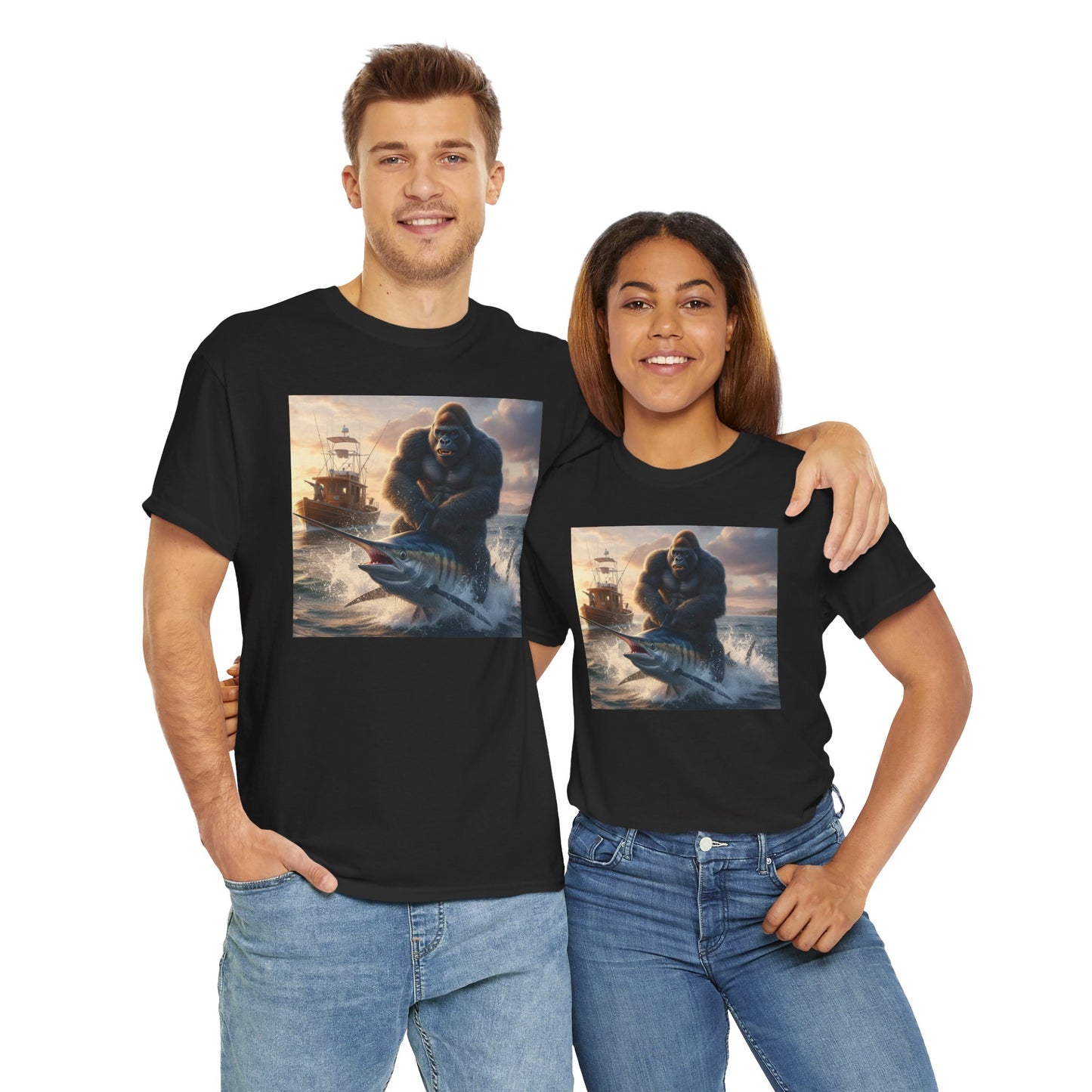 Gorilla riding a swordfish in the ocean design T-Shirt