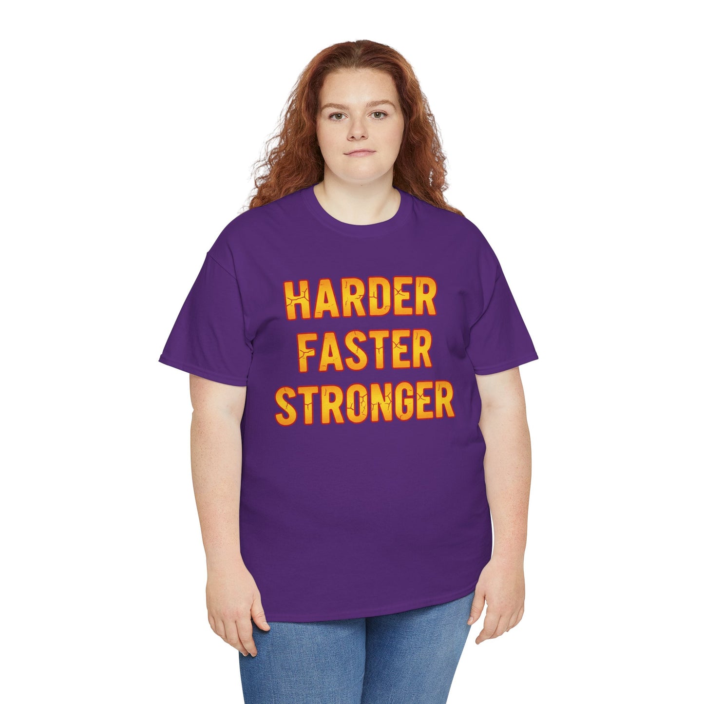 Harder Faster Stronger Tee | Motivational Workout Shirt, Bold Orange Text