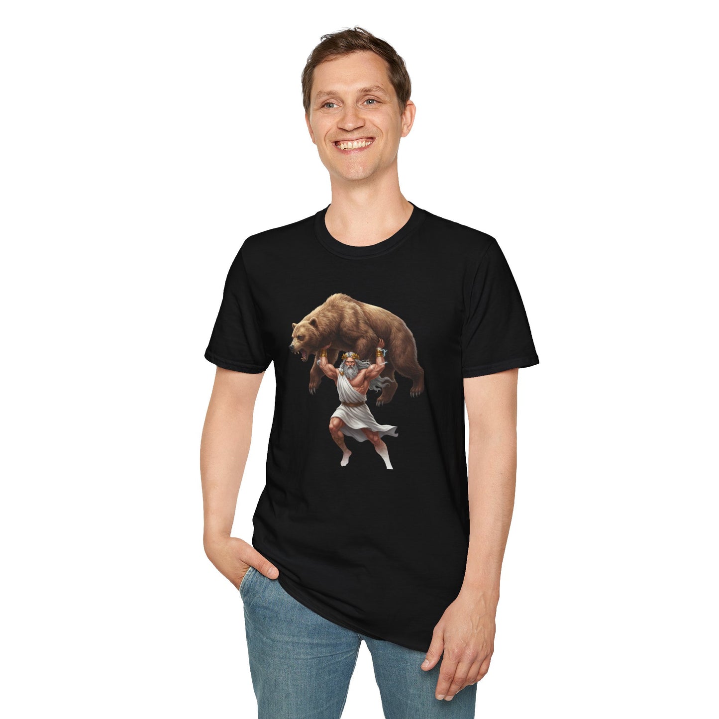 Mythical Greek Zues Softstyle T-Shirt with Grizzly Bear Design