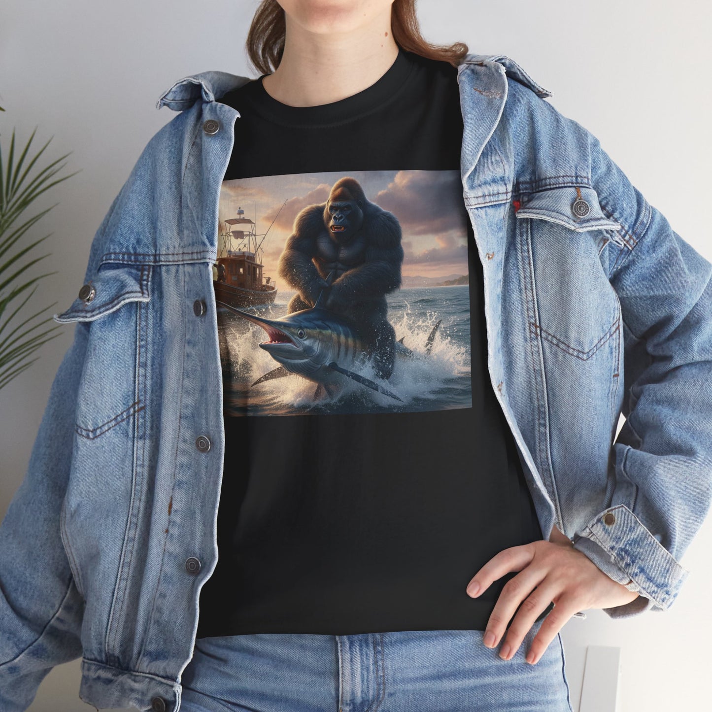 Gorilla riding a swordfish in the ocean design T-Shirt