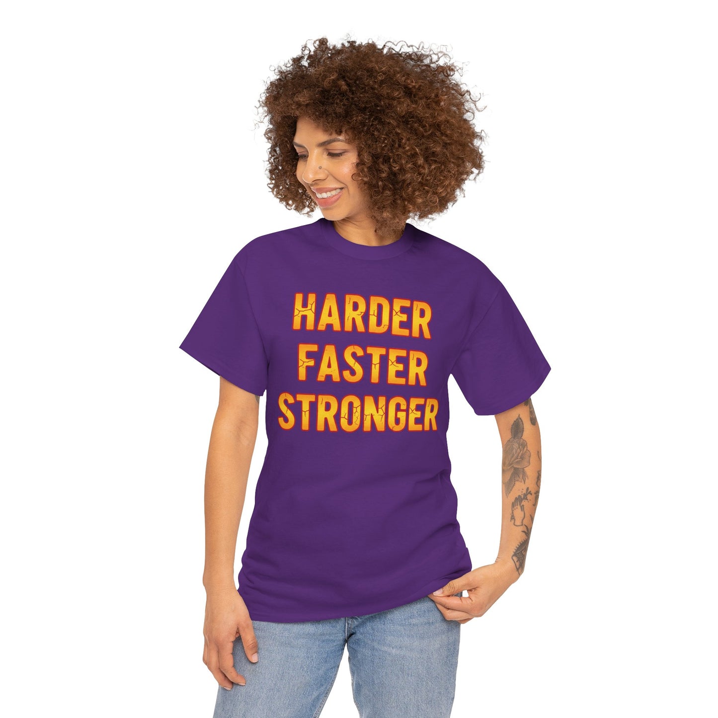 Harder Faster Stronger Tee | Motivational Workout Shirt, Bold Orange Text