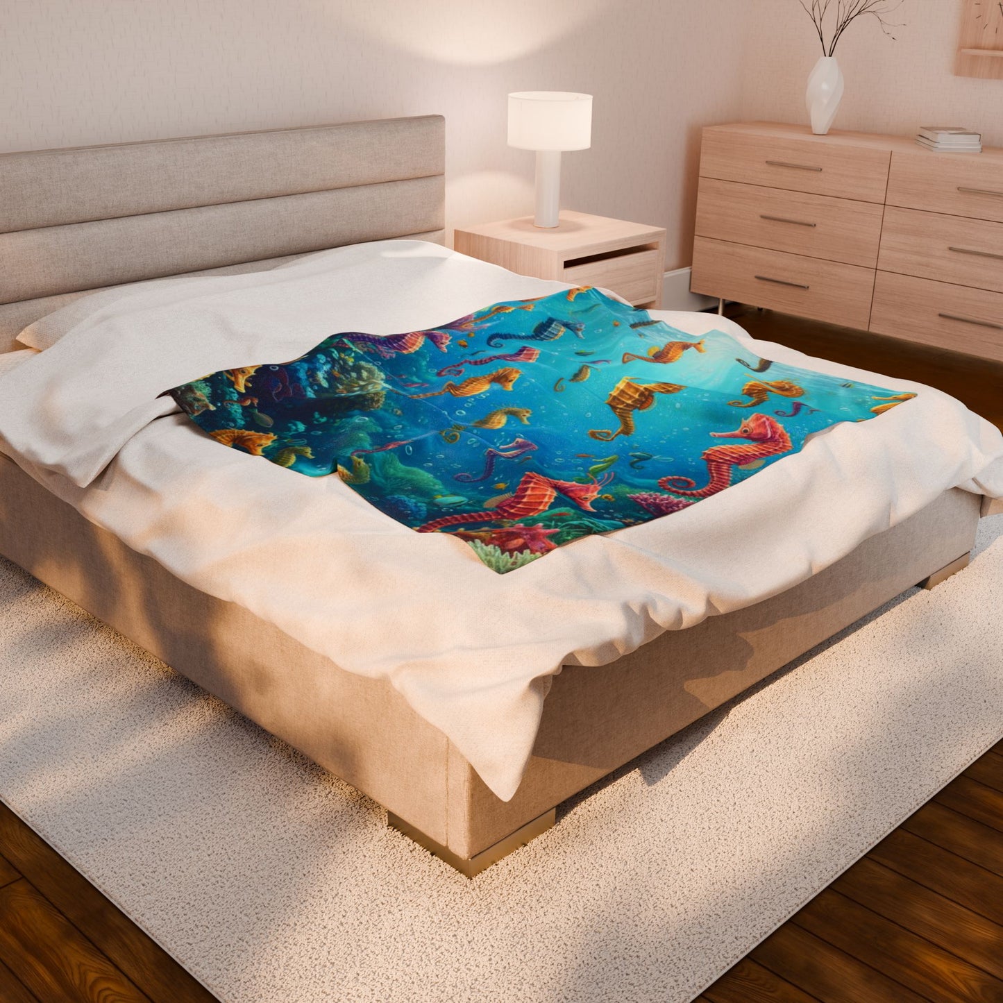 Velveteen Plush Blanket - Cozy Seahorse Design