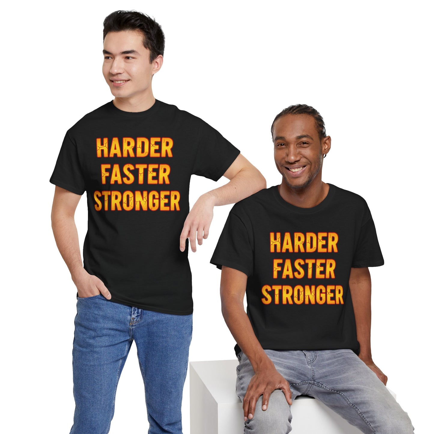 Harder Faster Stronger Tee | Motivational Workout Shirt, Bold Orange Text