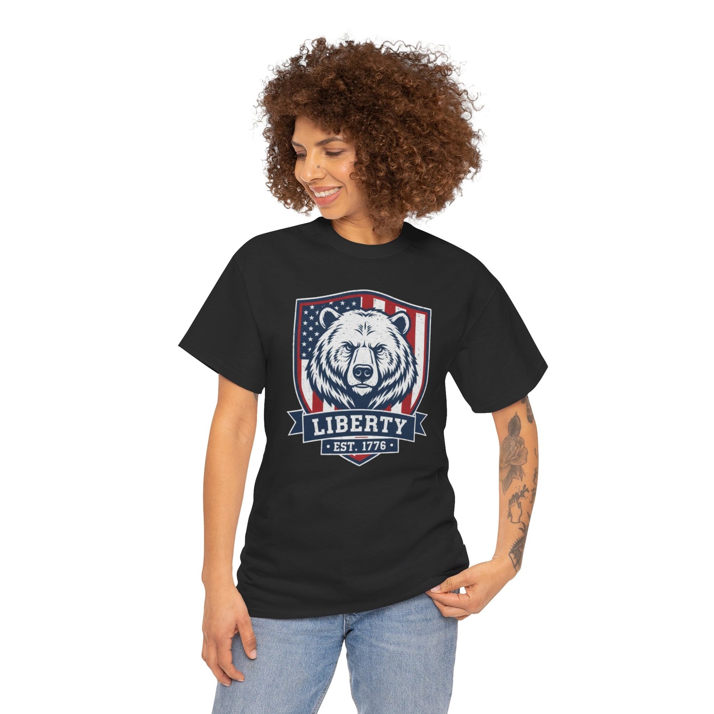 Patriotic Bear Shirt -  USA Flag Shield Tee - Liberty Est 1776 Top s- 4th of July Gift - American Animal Apparel
