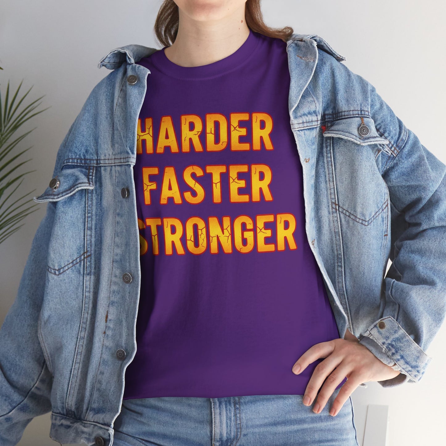 Harder Faster Stronger Tee | Motivational Workout Shirt, Bold Orange Text