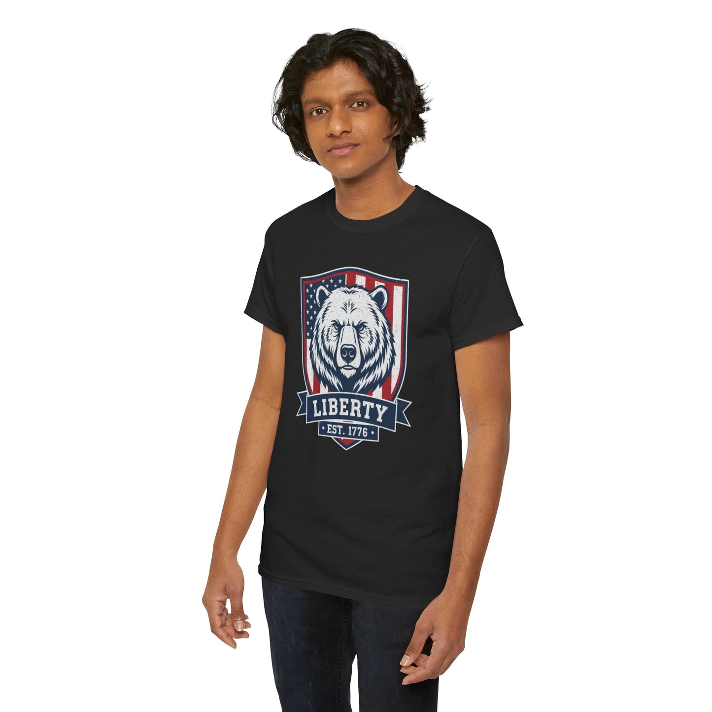 Patriotic Bear Shirt -  USA Flag Shield Tee - Liberty Est 1776 Top s- 4th of July Gift - American Animal Apparel