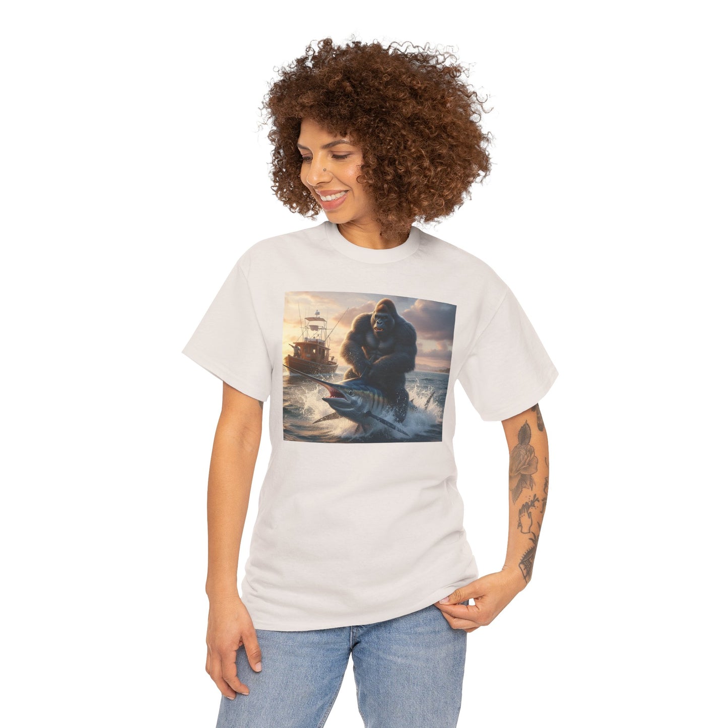Gorilla riding a swordfish in the ocean design T-Shirt