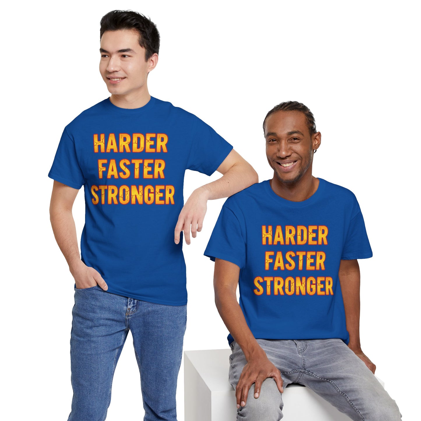 Harder Faster Stronger Tee | Motivational Workout Shirt, Bold Orange Text