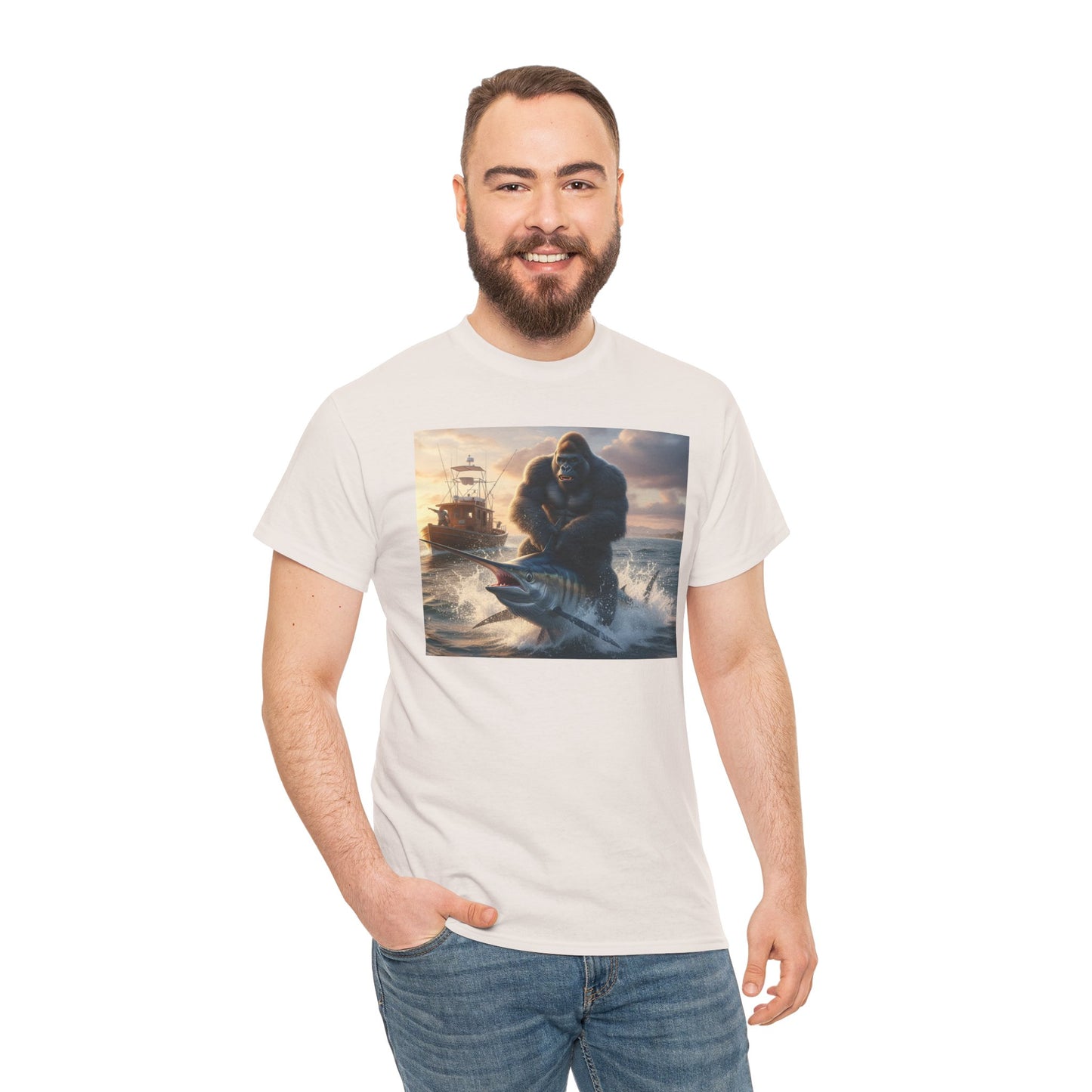 Gorilla riding a swordfish in the ocean design T-Shirt