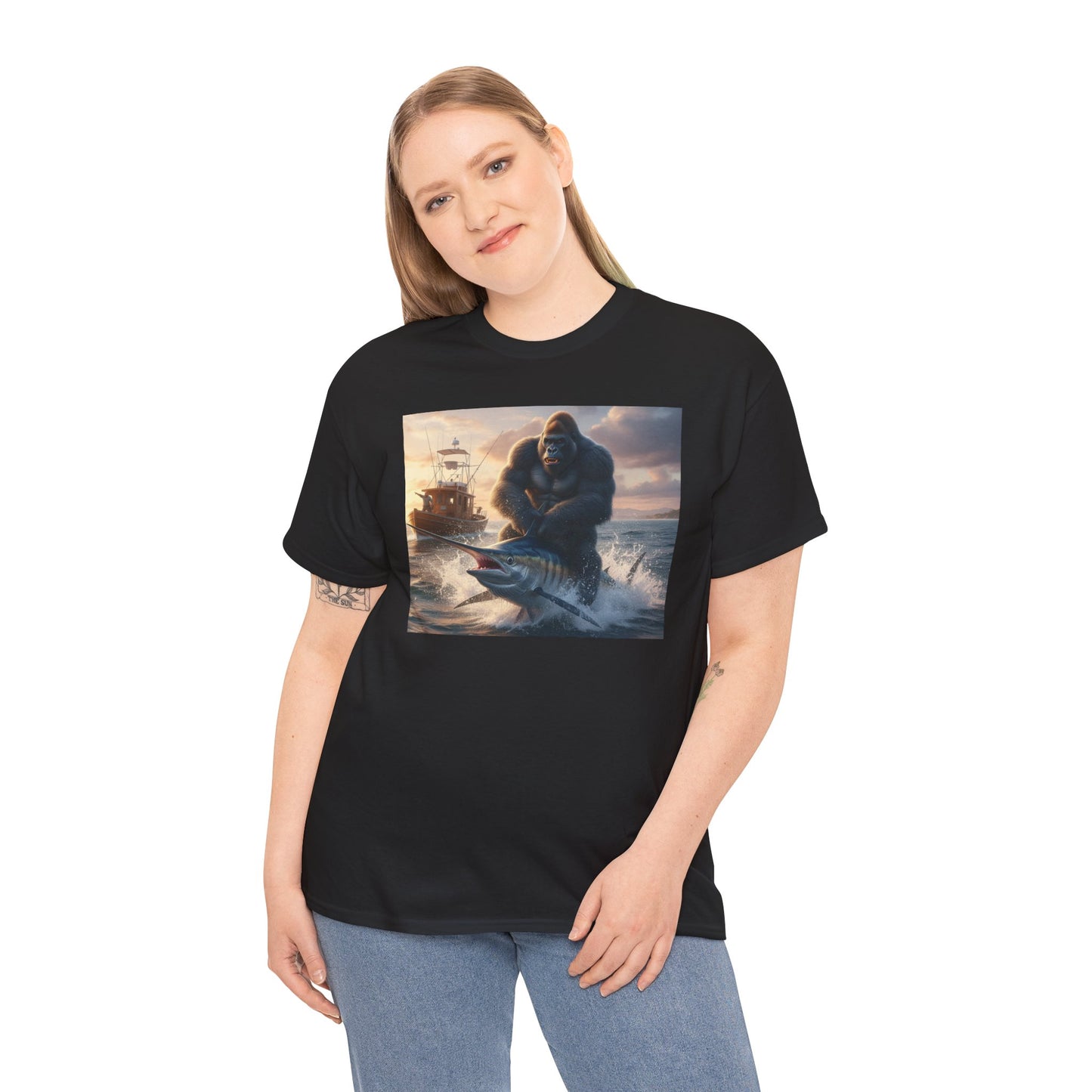 Gorilla riding a swordfish in the ocean design T-Shirt