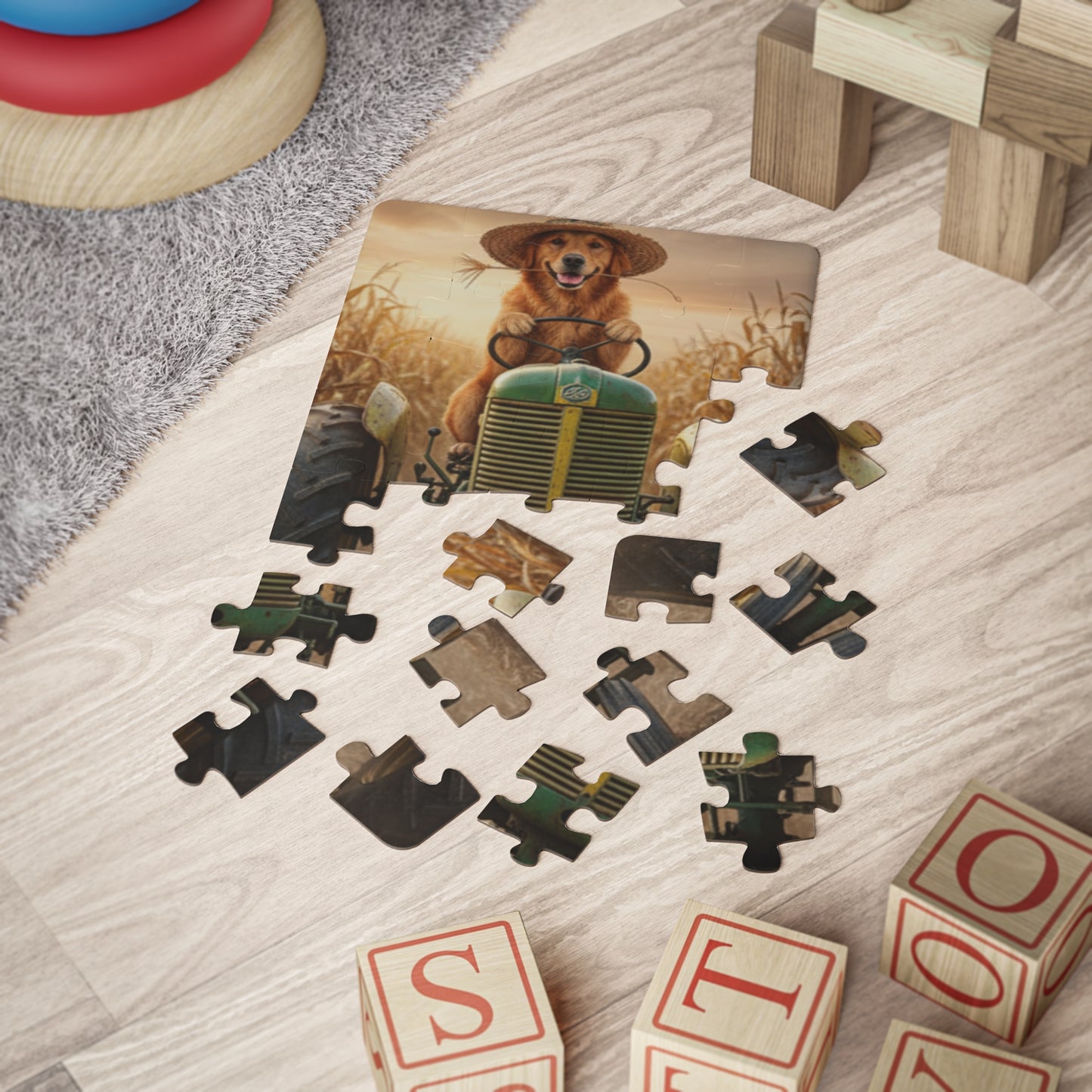 Kids Puzzle Golden Retriever Driving Tractor 30-Piece