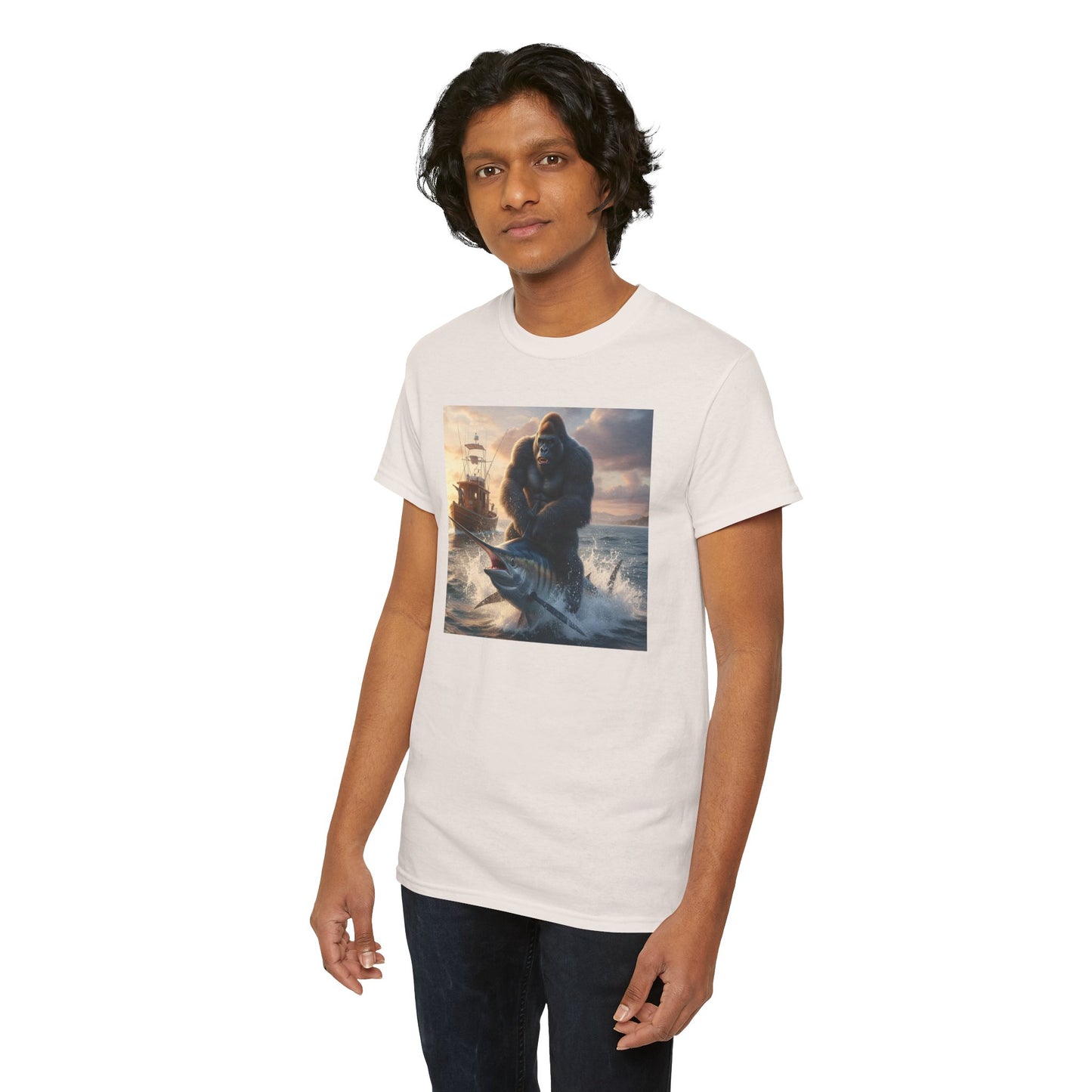 Gorilla riding a swordfish in the ocean design T-Shirt