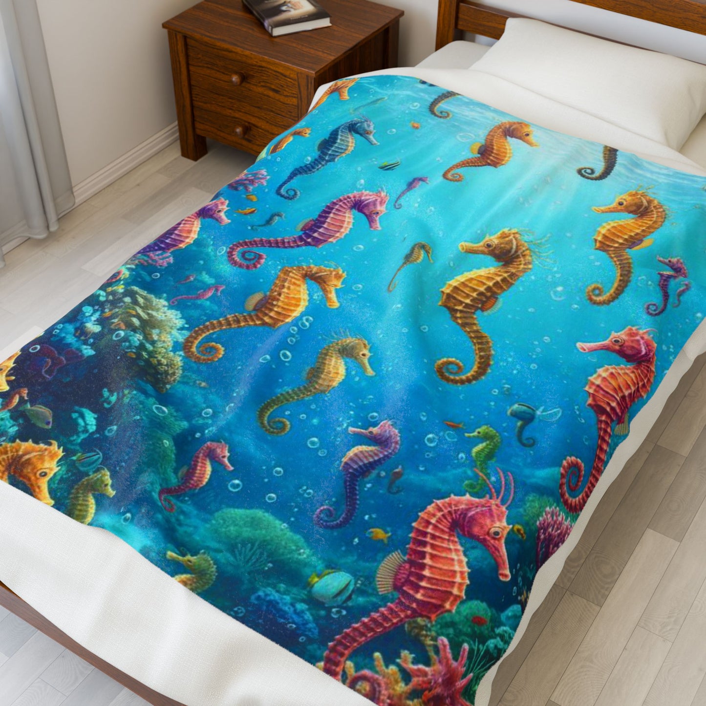 Velveteen Plush Blanket - Cozy Seahorse Design