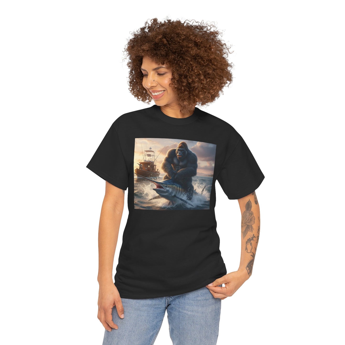 Gorilla riding a swordfish in the ocean design T-Shirt