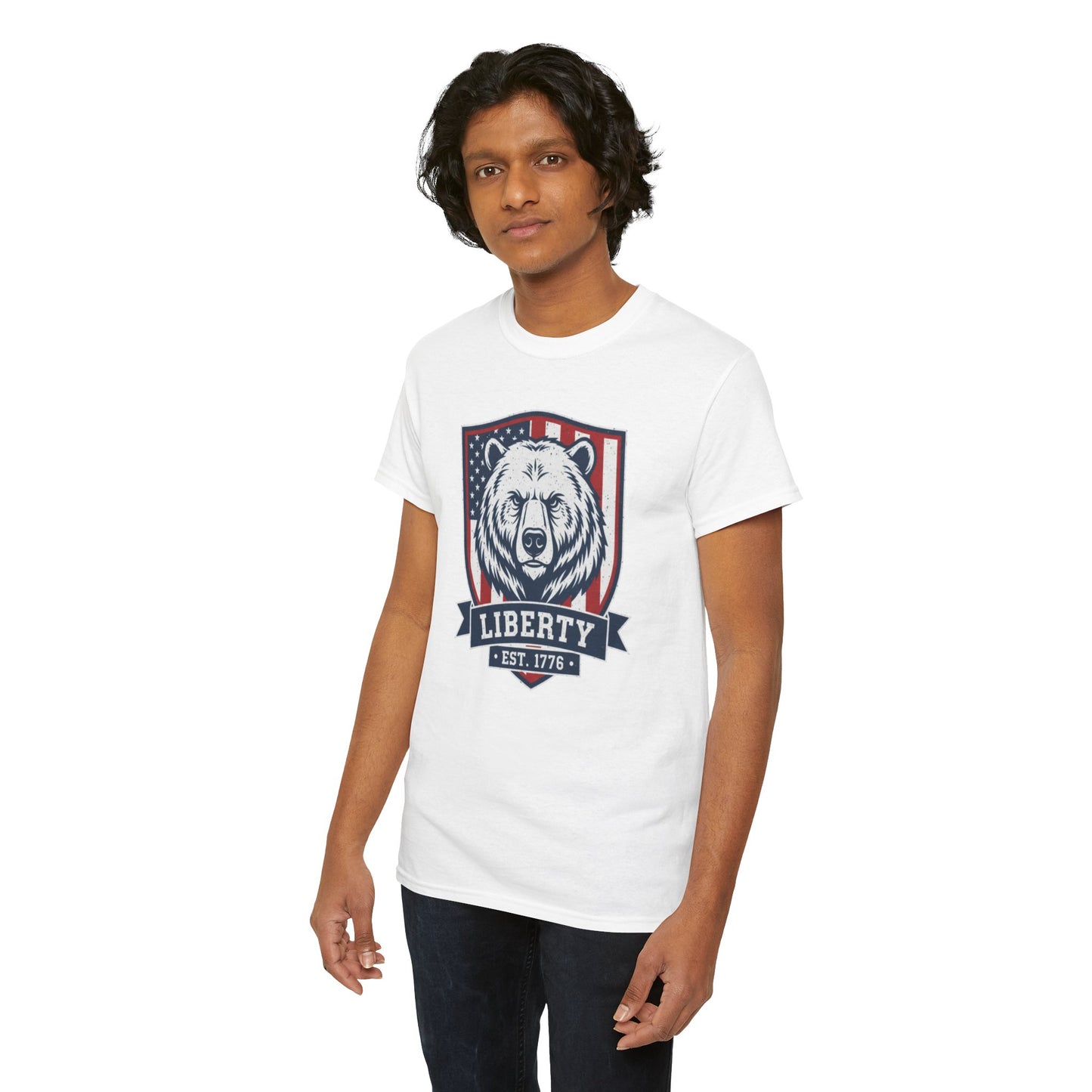 Patriotic Bear Shirt -  USA Flag Shield Tee - Liberty Est 1776 Top s- 4th of July Gift - American Animal Apparel