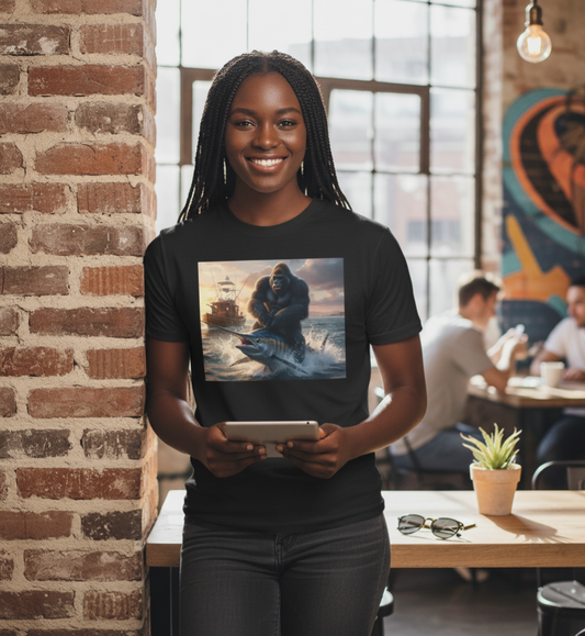 Gorilla riding a swordfish in the ocean design T-Shirt