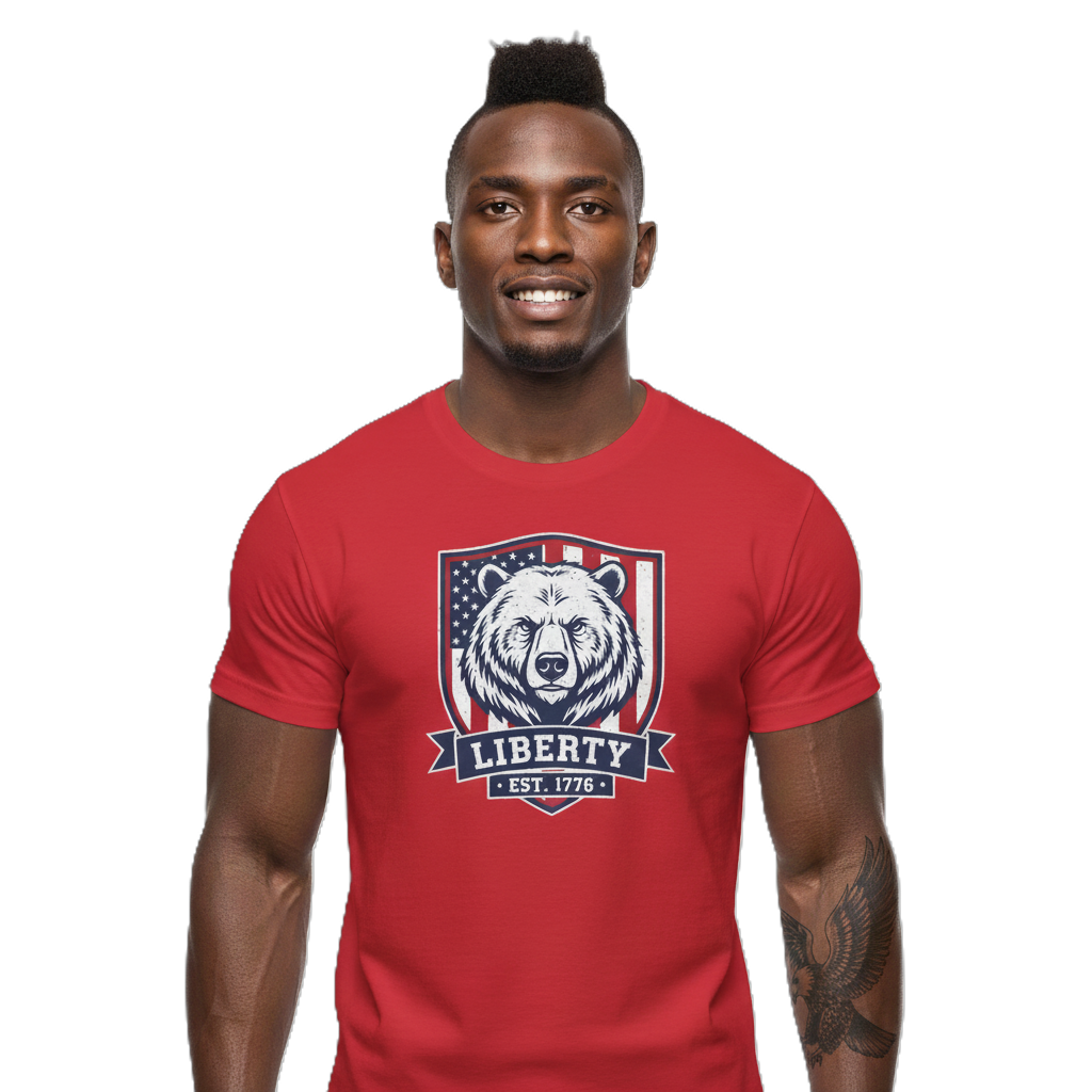 Patriotic Bear Shirt -  USA Flag Shield Tee - Liberty Est 1776 Top s- 4th of July Gift - American Animal Apparel