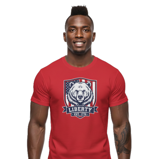 Patriotic Bear Shirt -  USA Flag Shield Tee - Liberty Est 1776 Top s- 4th of July Gift - American Animal Apparel