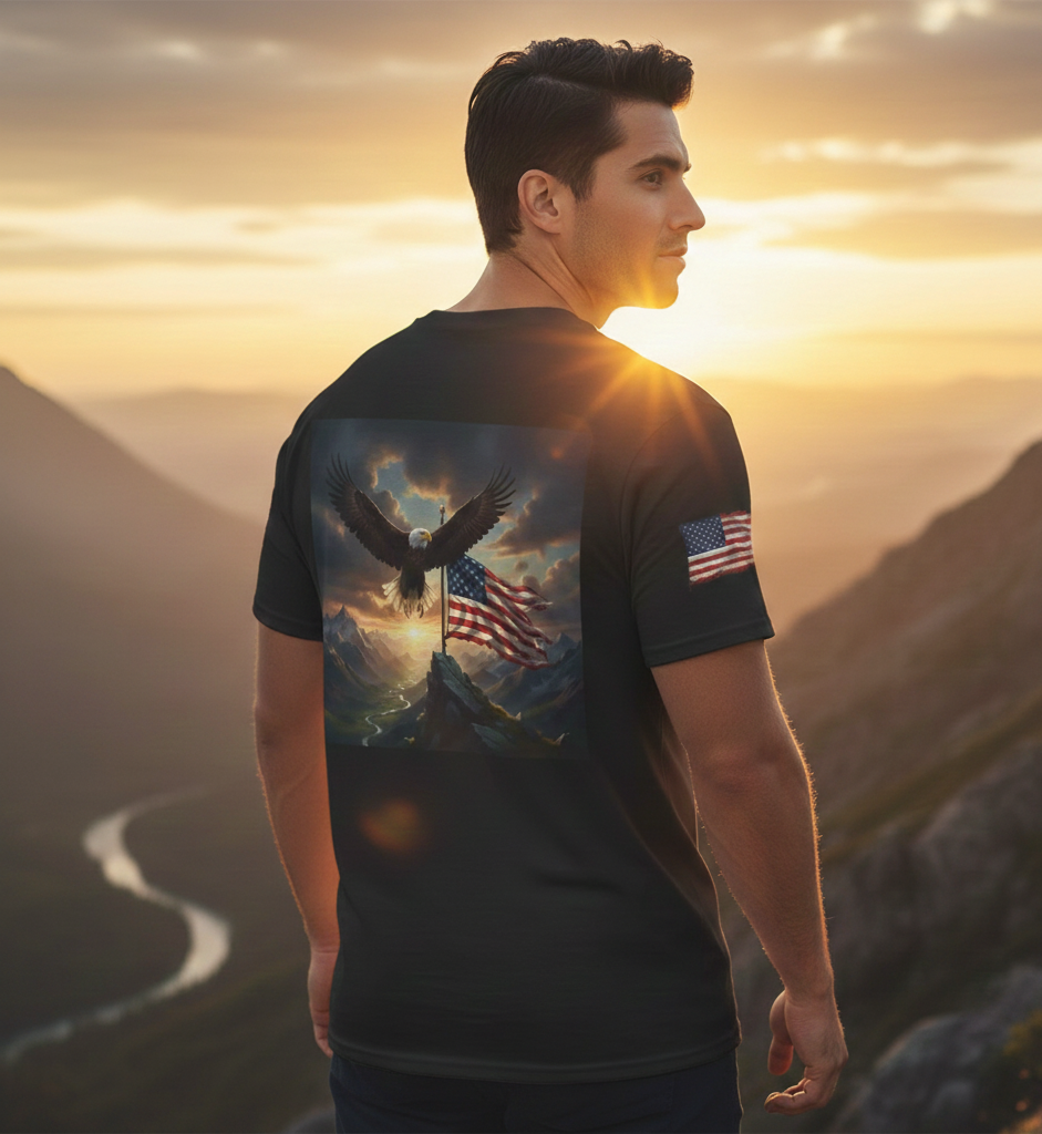 Patriotic Tee with Bald Eagle and Flag