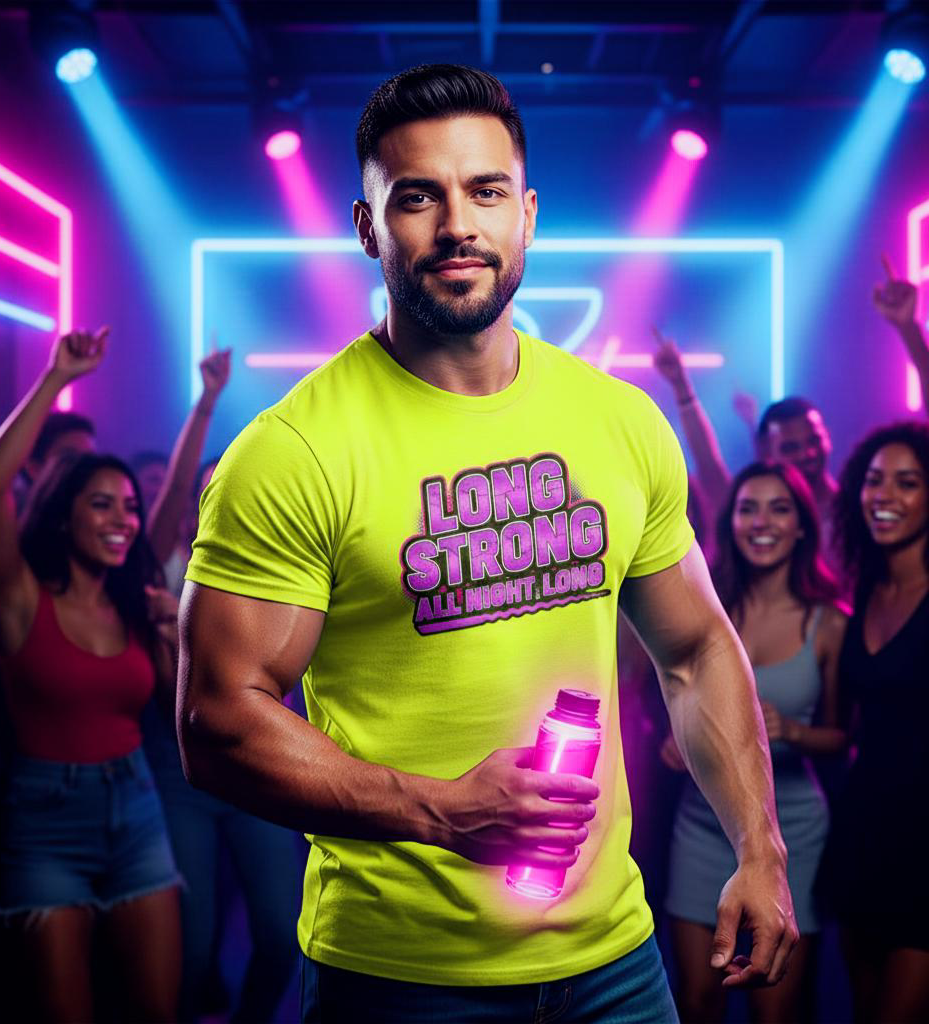 Long Strong All Night Long Shirt- Funny Party Tee- Bachelor Party Gift- Adult Humor Top- Neon Festival Gear