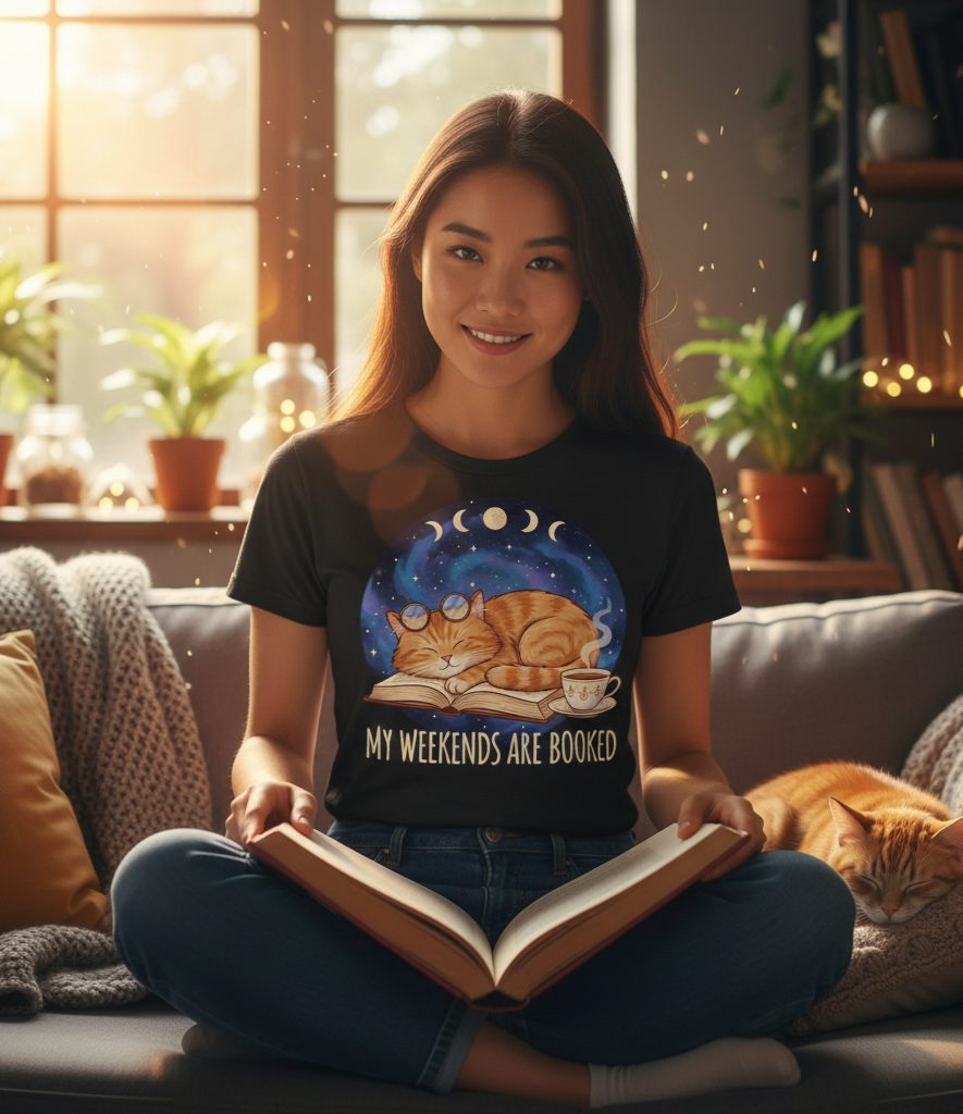 Sleeping Orange Cat shirt | My Weekends Are Booked, moon phases, cozy cat tee
