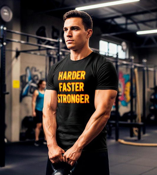 Harder Faster Stronger Tee | Motivational Workout Shirt, Bold Orange Text