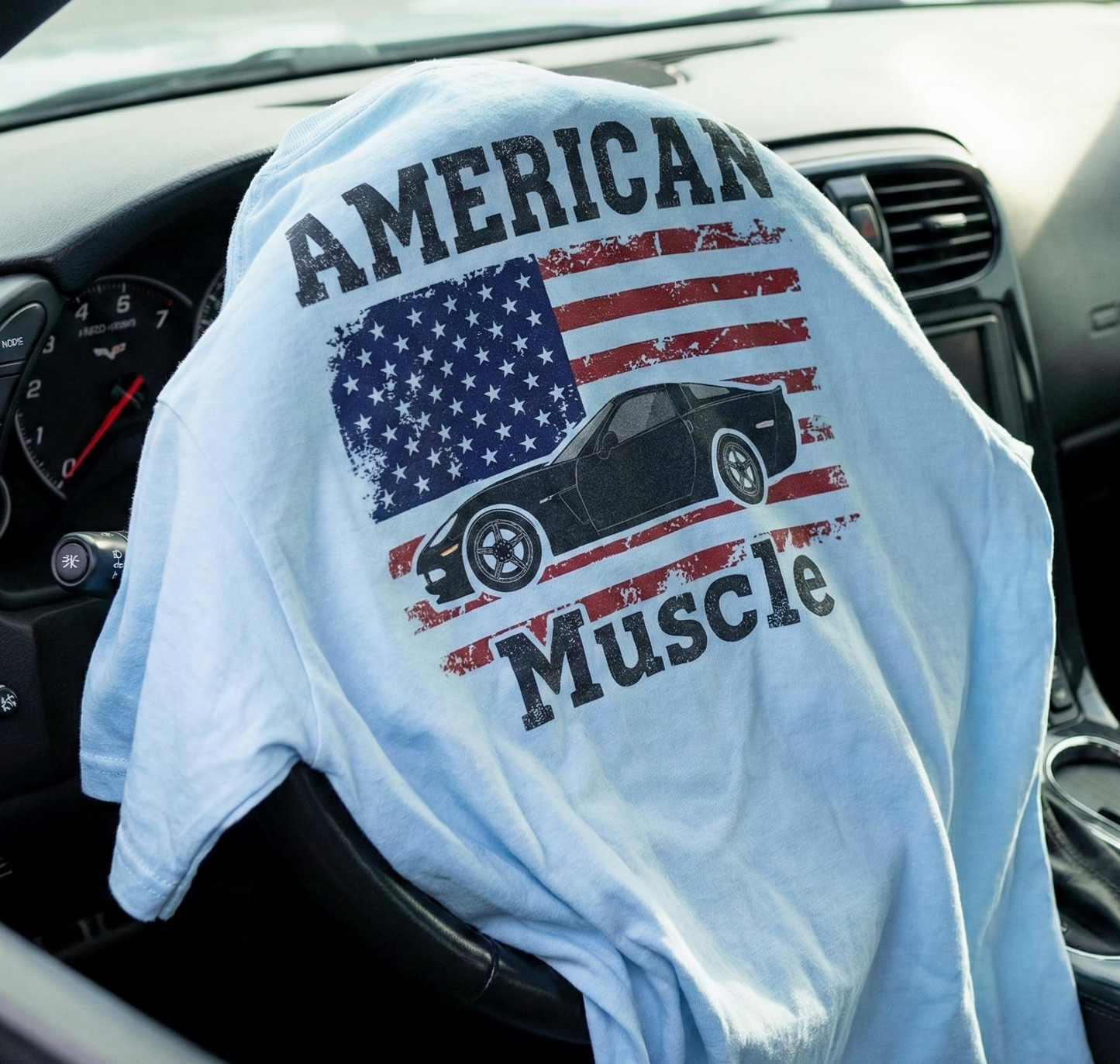 American Muscle Car Shirt | Patriotic Corvette Tee | Distressed Flag Racing Gift | C6 Vette Lover | Car Guy Apparel