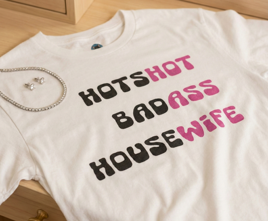 Hotshot Badass Housewife Shirt - Retro Mom Gift - Sassy Wife Tee - Groovy Womens Top - Funny Mothers Day