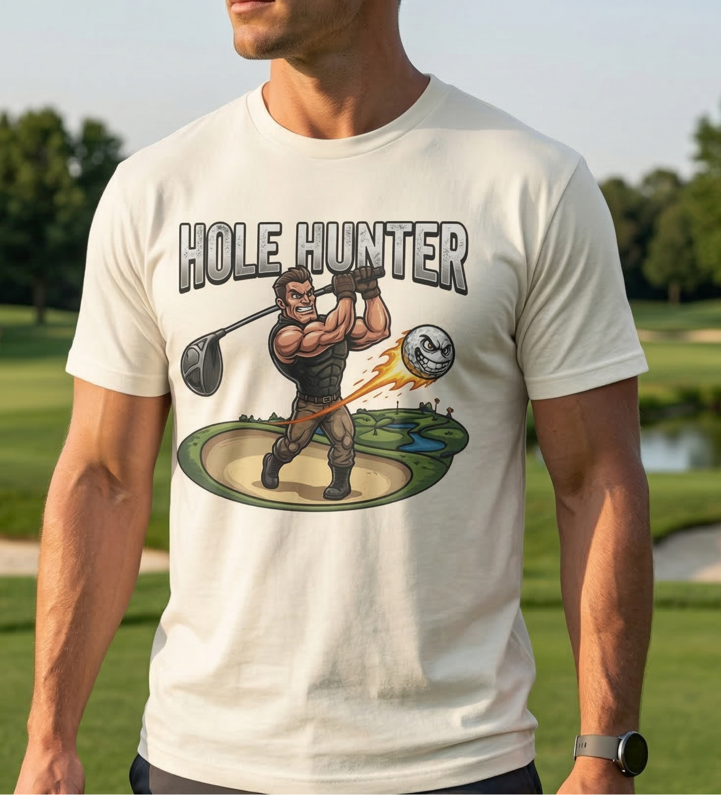 Hole Hunter golfer illustration T-Shirt | golf club swing graphic