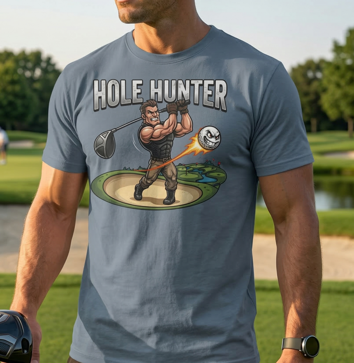 Hole Hunter golfer illustration T-Shirt | golf club swing graphic