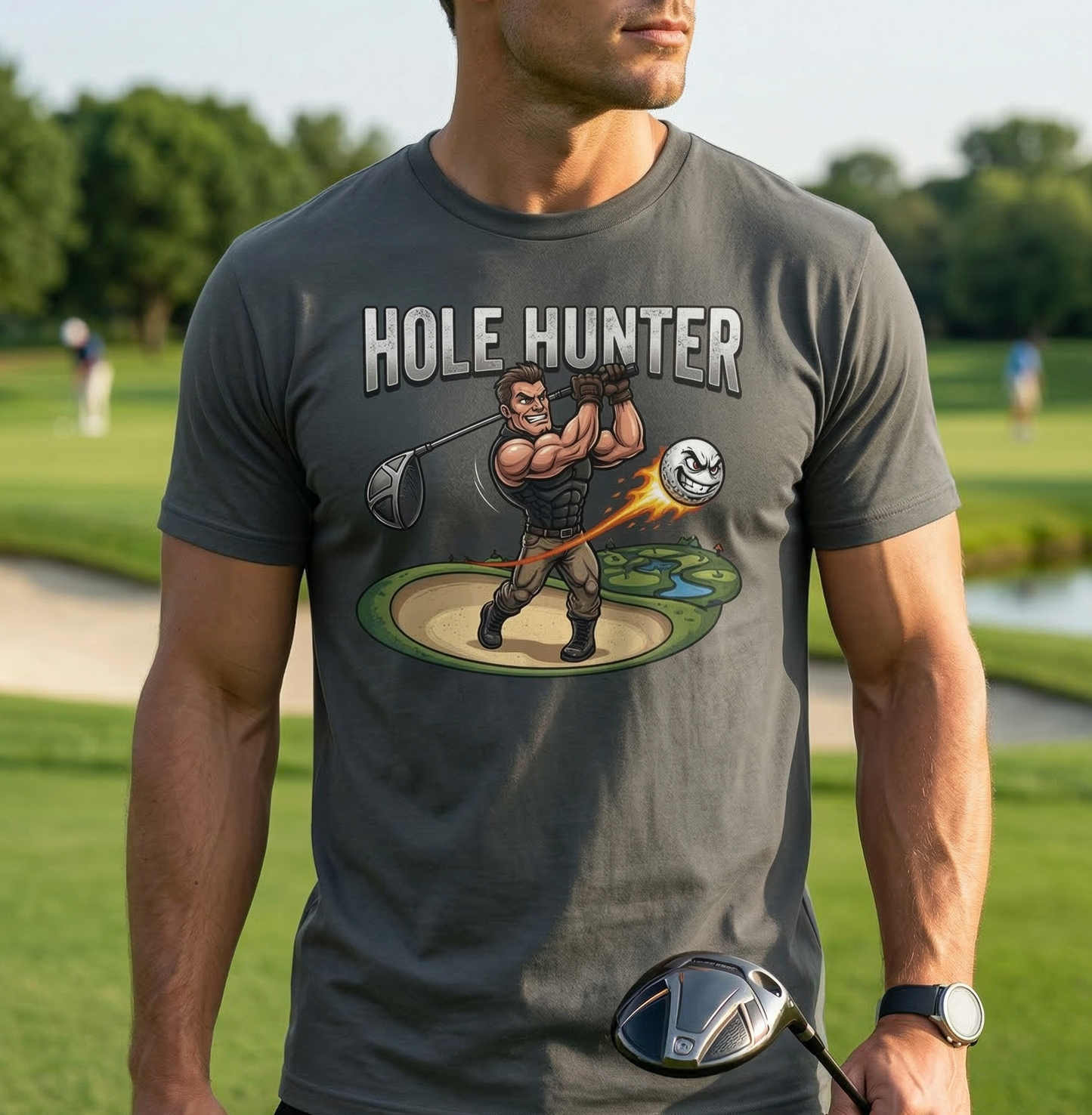 Hole Hunter golfer illustration T-Shirt | golf club swing graphic