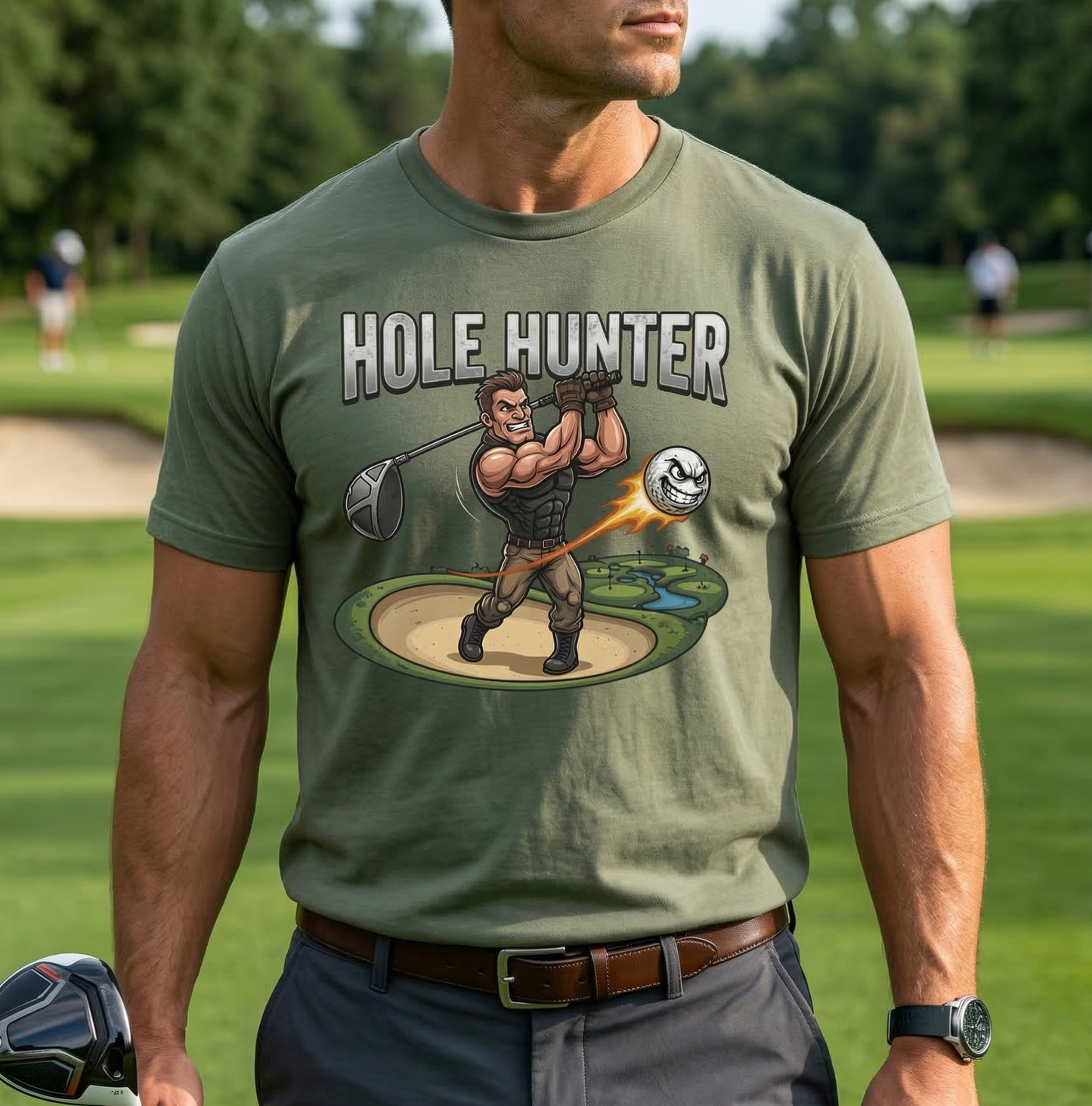 Hole Hunter golfer illustration T-Shirt | golf club swing graphic