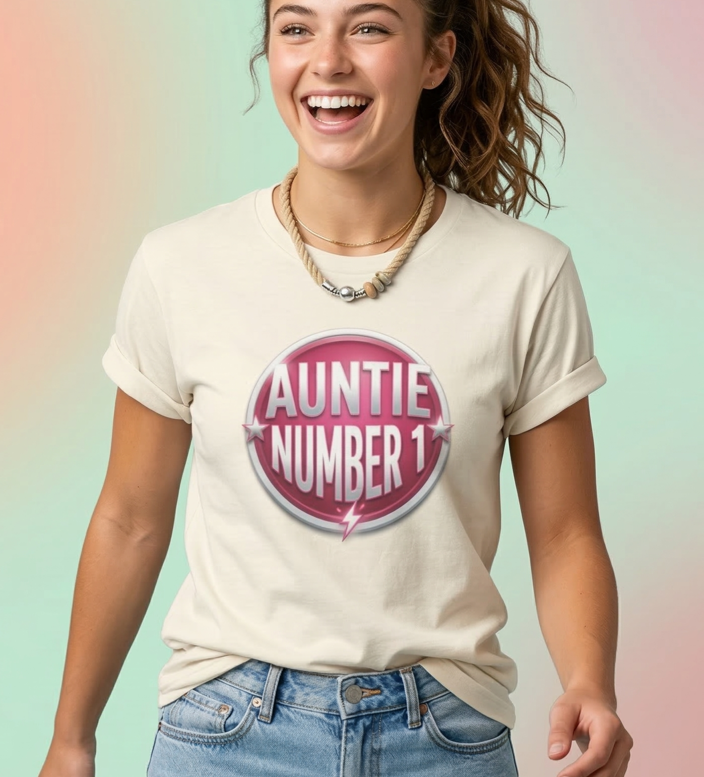 Auntie Number 1 T-shirt | Pink Badge Graphic