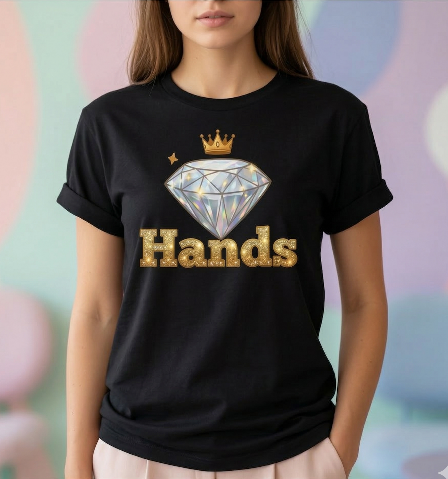 Diamond 'Hands' T-shirt | Rhinestone Text Graphic Tee