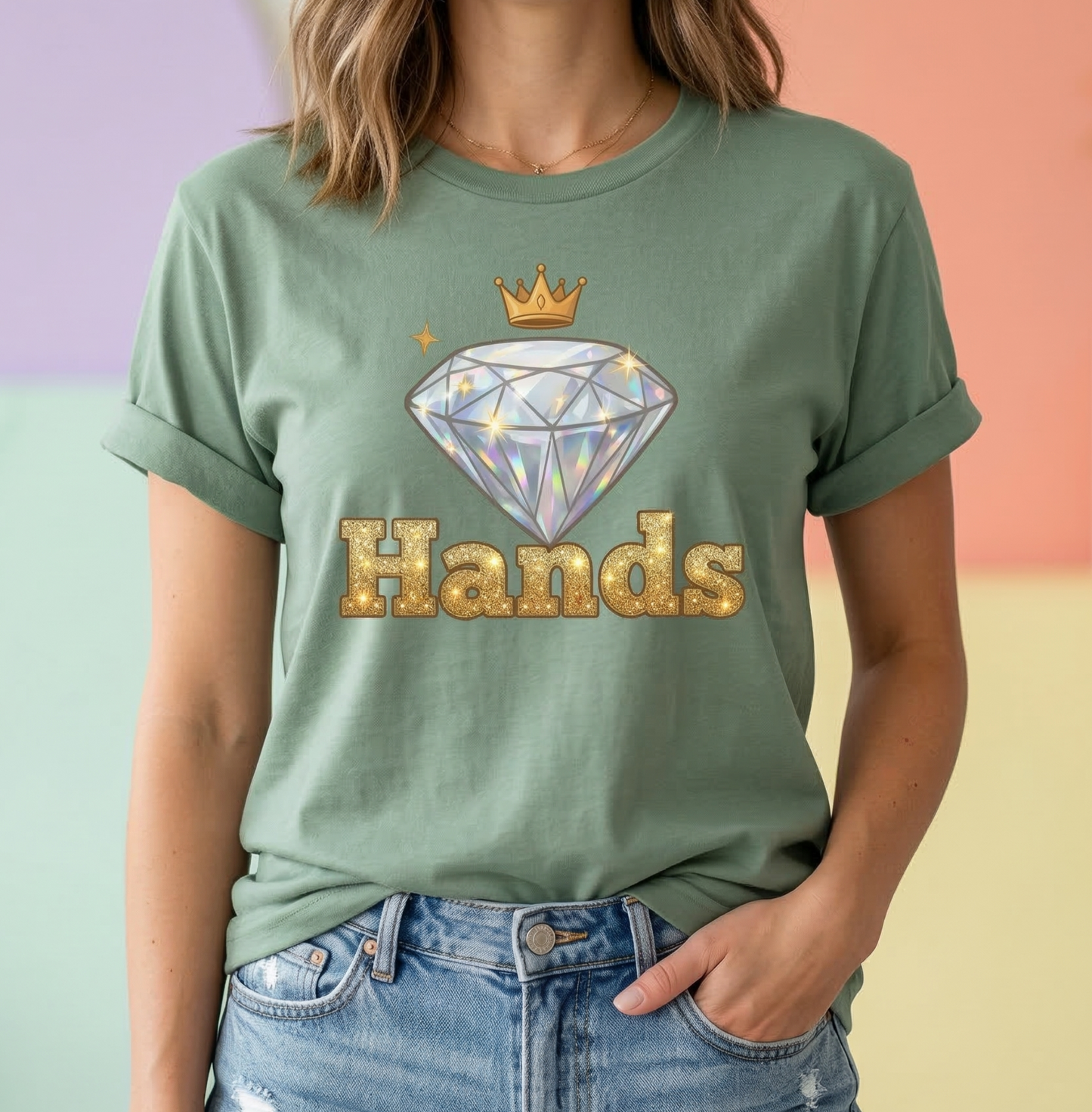 Diamond 'Hands' T-shirt | Rhinestone Text Graphic Tee