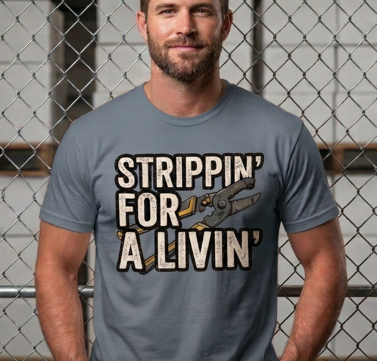 Strippin' For A Livin' Funny Electrician T-Shirt - Blue Collar Humor Wire Stripper Graphic Tee - Tradesman Gift for Lineman, Sparky, & Electrical Workers