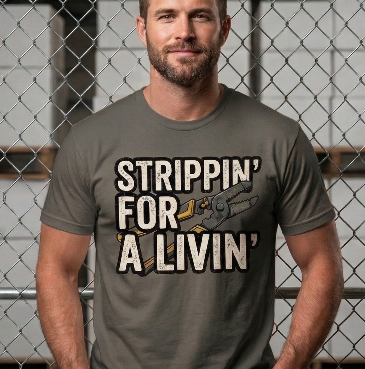 Strippin' For A Livin' Funny Electrician T-Shirt - Blue Collar Humor Wire Stripper Graphic Tee - Tradesman Gift for Lineman, Sparky, & Electrical Workers