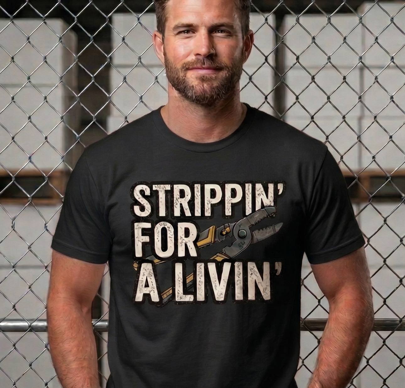 Strippin' For A Livin' Funny Electrician T-Shirt - Blue Collar Humor Wire Stripper Graphic Tee - Tradesman Gift for Lineman, Sparky, & Electrical Workers