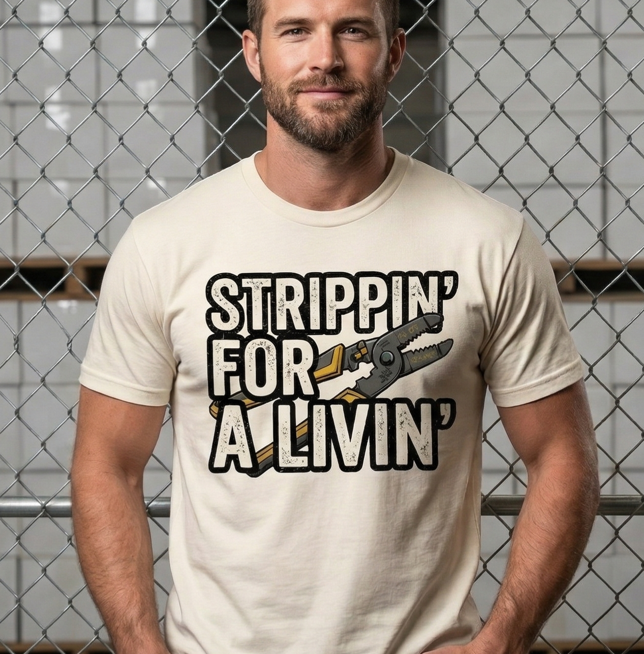 Strippin' For A Livin' Funny Electrician T-Shirt - Blue Collar Humor Wire Stripper Graphic Tee - Tradesman Gift for Lineman, Sparky, & Electrical Workers