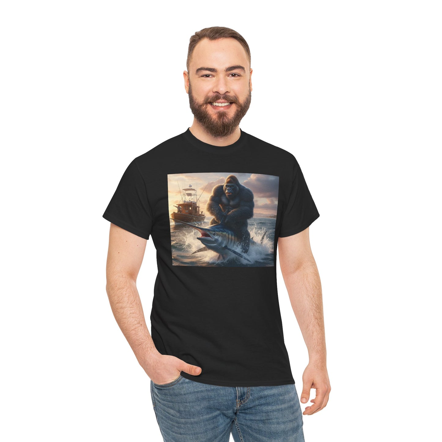 Gorilla riding a swordfish in the ocean design T-Shirt