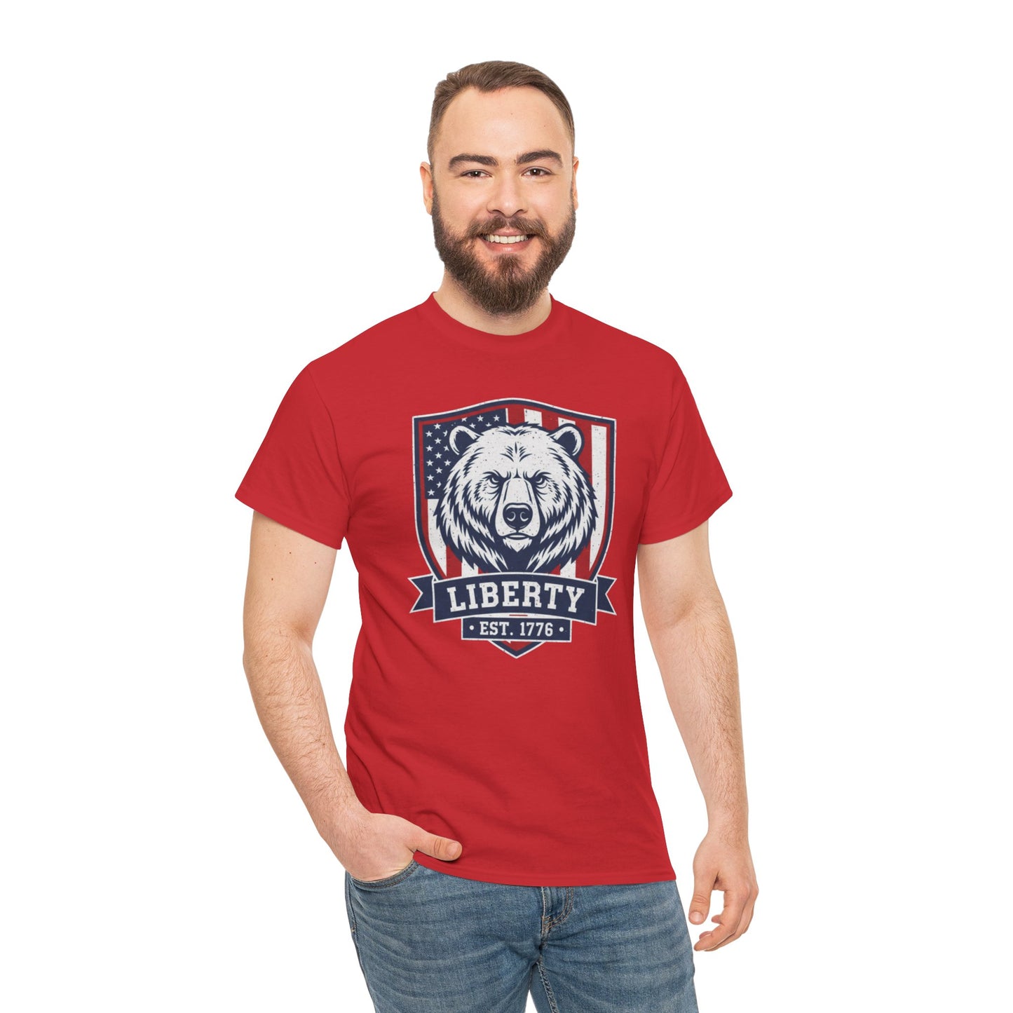 Patriotic Bear Shirt -  USA Flag Shield Tee - Liberty Est 1776 Top s- 4th of July Gift - American Animal Apparel