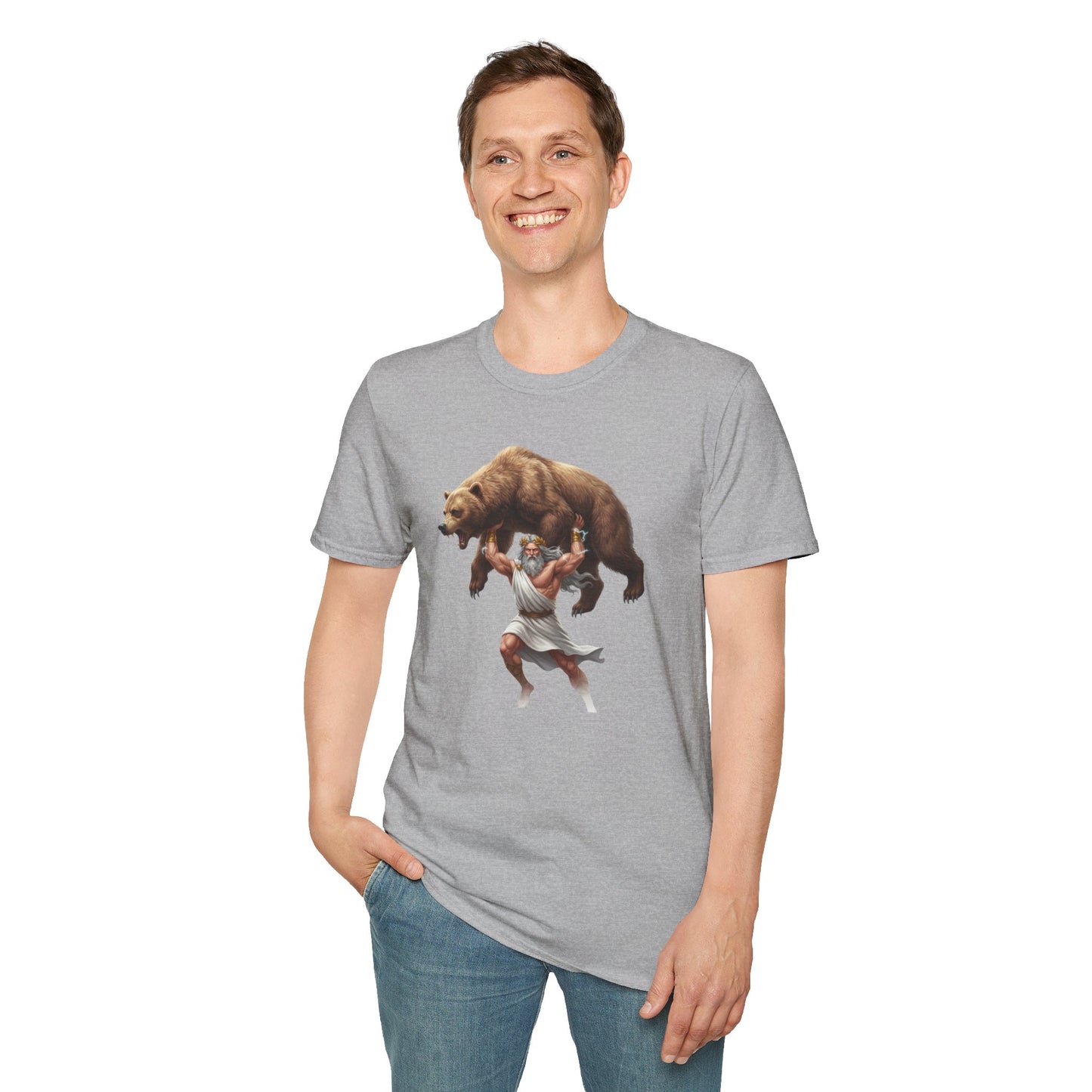 Mythical Greek Zues Softstyle T-Shirt with Grizzly Bear Design