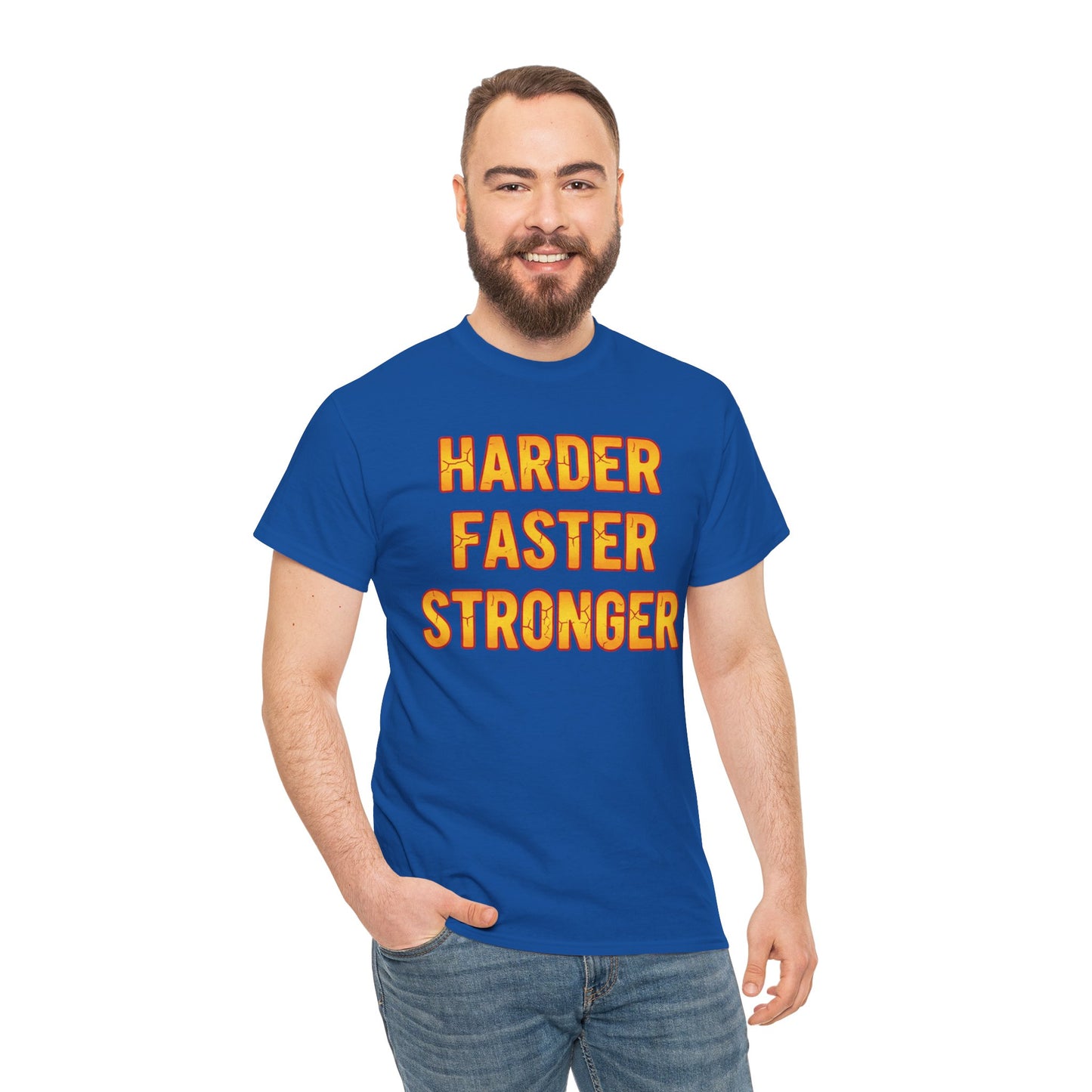 Harder Faster Stronger Tee | Motivational Workout Shirt, Bold Orange Text