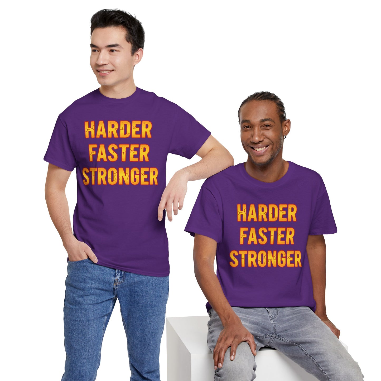 Harder Faster Stronger Tee | Motivational Workout Shirt, Bold Orange Text