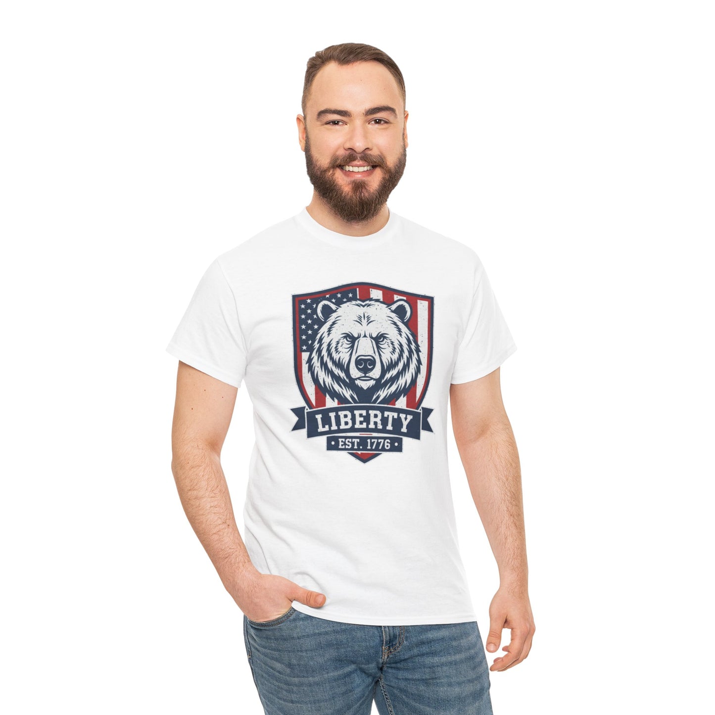 Patriotic Bear Shirt -  USA Flag Shield Tee - Liberty Est 1776 Top s- 4th of July Gift - American Animal Apparel