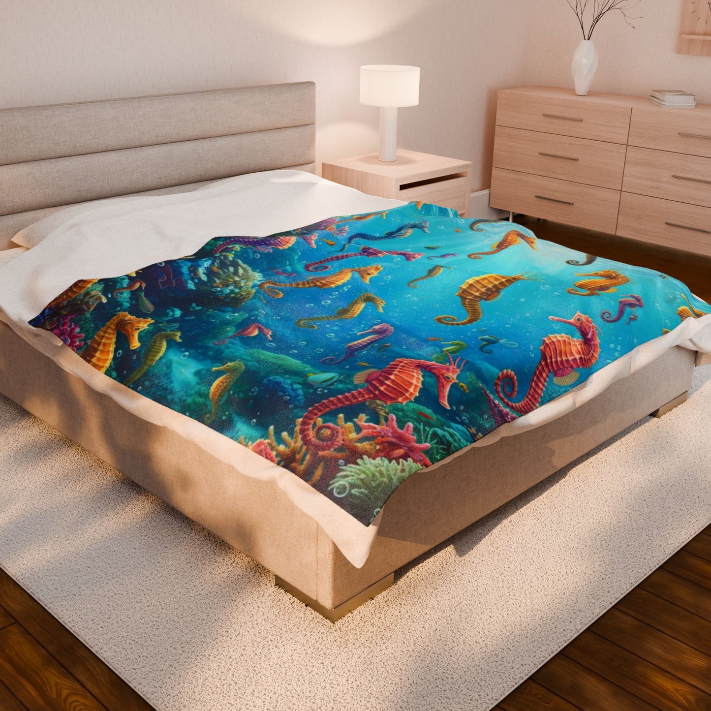 Velveteen Plush Blanket - Cozy Seahorse Design