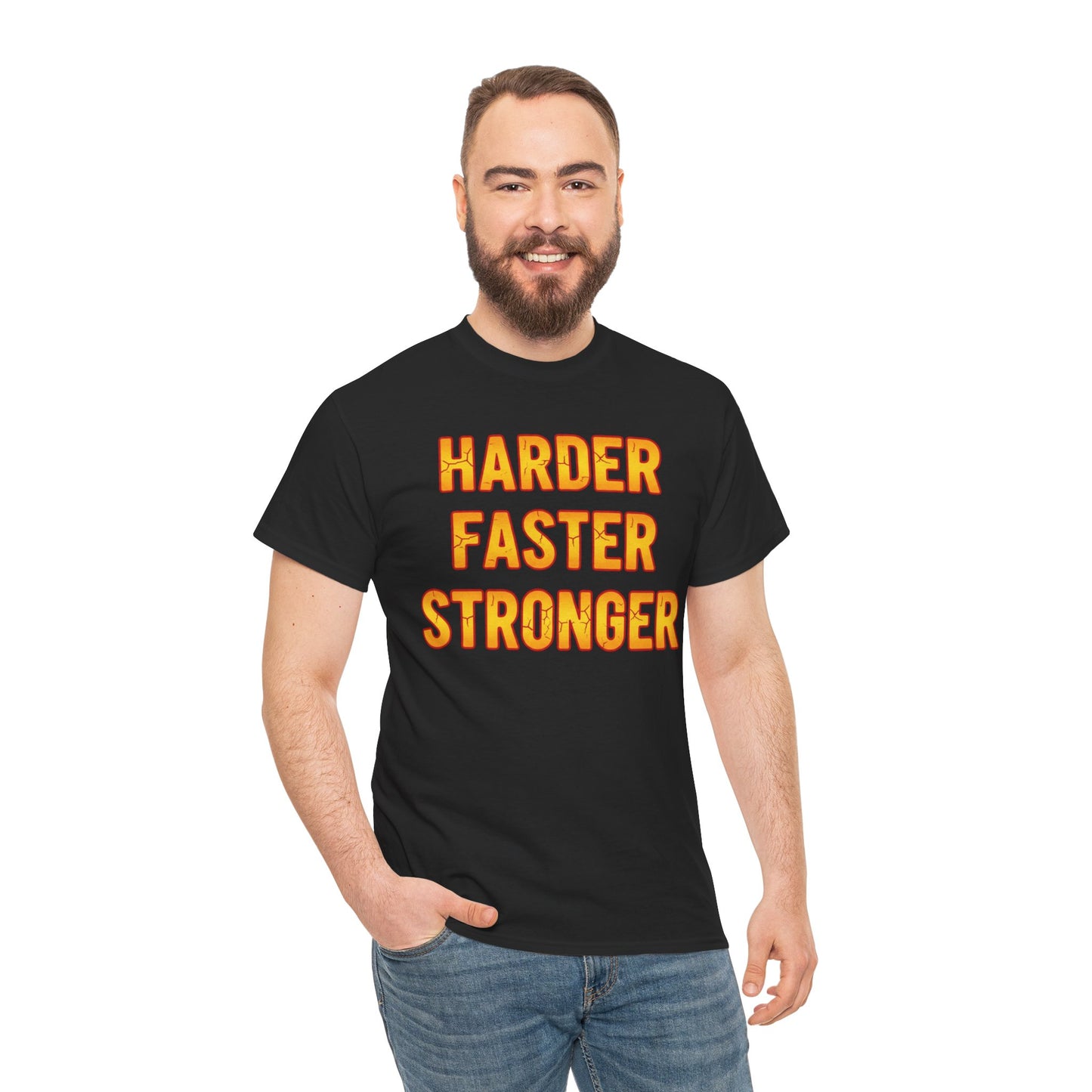 Harder Faster Stronger Tee | Motivational Workout Shirt, Bold Orange Text